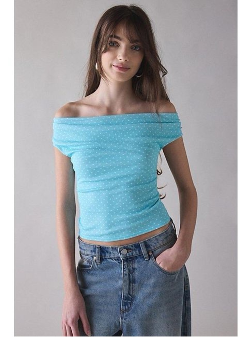 Urban Outfitters Light Blue Polka Dot Off-Shoulder Women's Top